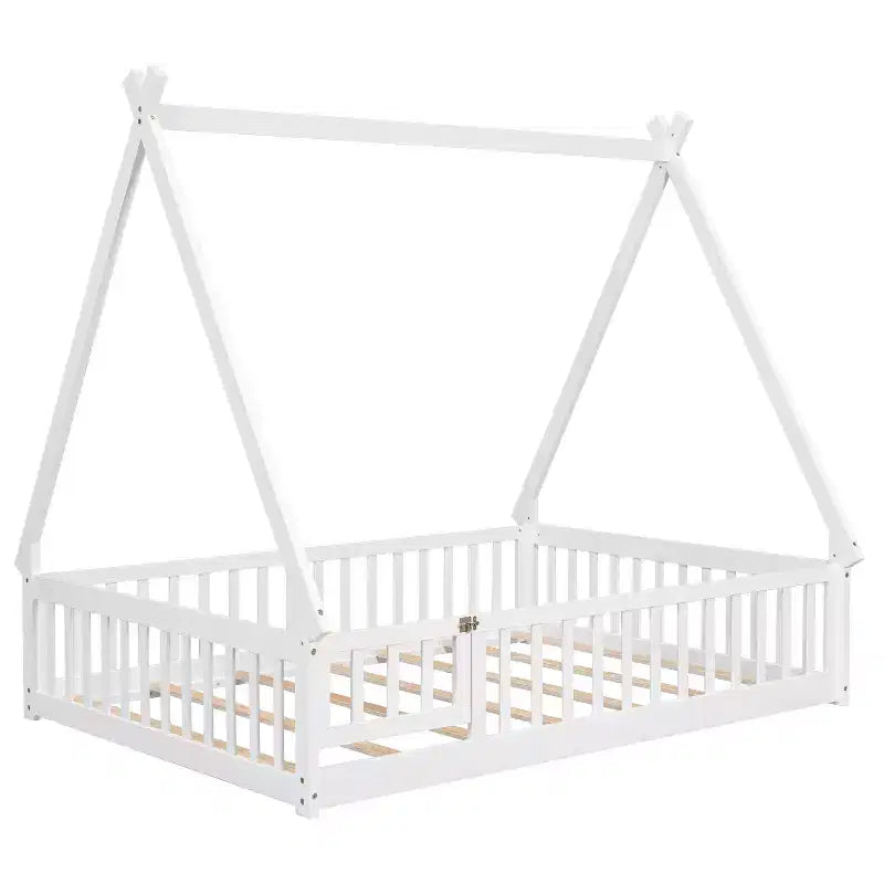Lit au sol en forme de tente avec garde-corps et porte, blanc