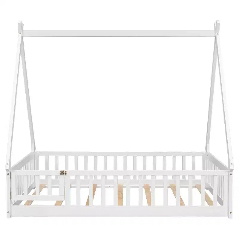 Lit au sol en forme de tente avec garde-corps et porte, blanc