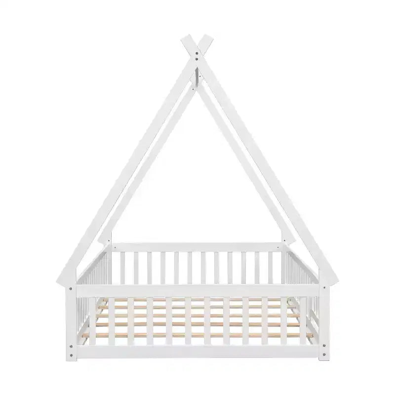 Lit au sol en forme de tente avec garde-corps et porte, blanc