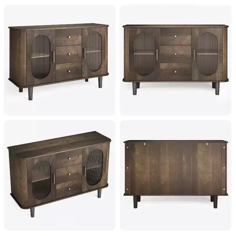 Buffet de cuisine/salle à manger de 119,4 cm avec portes en verre cannelé et 3 tiroirs, crédence de style scandinave avec étagères réglables