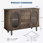 Buffet de cuisine/salle à manger de 119,4 cm avec portes en verre cannelé et 3 tiroirs, crédence de style scandinave avec étagères réglables
