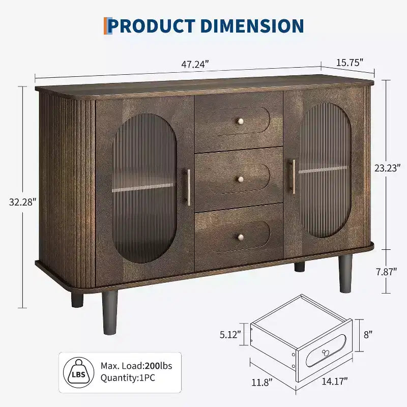 Buffet de cuisine/salle à manger de 119,4 cm avec portes en verre cannelé et 3 tiroirs, crédence de style scandinave avec étagères réglables