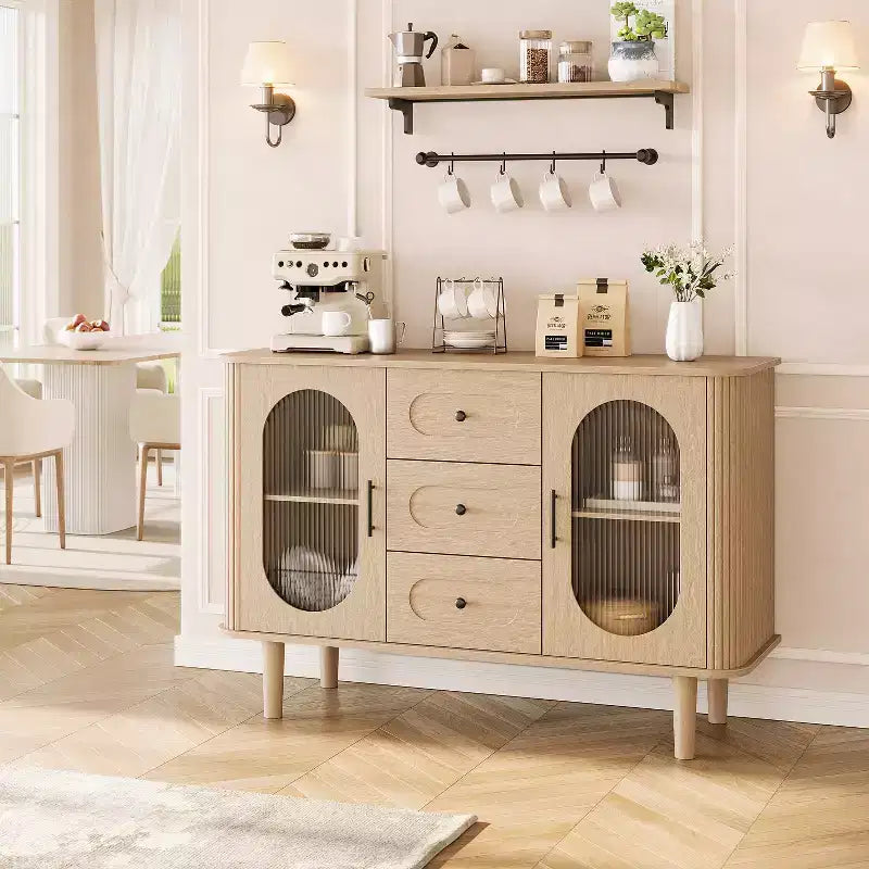 Buffet de cuisine/salle à manger de 119,4 cm avec portes en verre cannelé et 3 tiroirs, crédence de style scandinave avec étagères réglables
