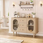 Buffet de cuisine/salle à manger de 119,4 cm avec portes en verre cannelé et 3 tiroirs, crédence de style scandinave avec étagères réglables