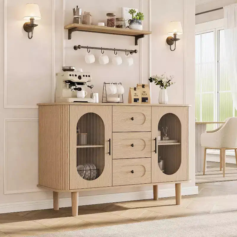Buffet de cuisine/salle à manger de 119,4 cm avec portes en verre cannelé et 3 tiroirs, crédence de style scandinave avec étagères réglables