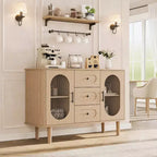 Buffet de cuisine/salle à manger de 119,4 cm avec portes en verre cannelé et 3 tiroirs, crédence de style scandinave avec étagères réglables