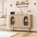 Buffet de cuisine/salle à manger de 119,4 cm avec portes en verre cannelé et 3 tiroirs, crédence de style scandinave avec étagères réglables