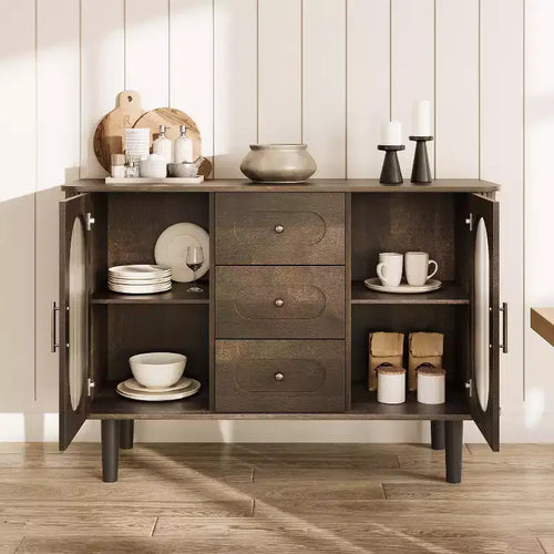 Buffet de cuisine/salle à manger de 119,4 cm avec portes en verre cannelé et 3 tiroirs, crédence de style scandinave avec étagères réglables