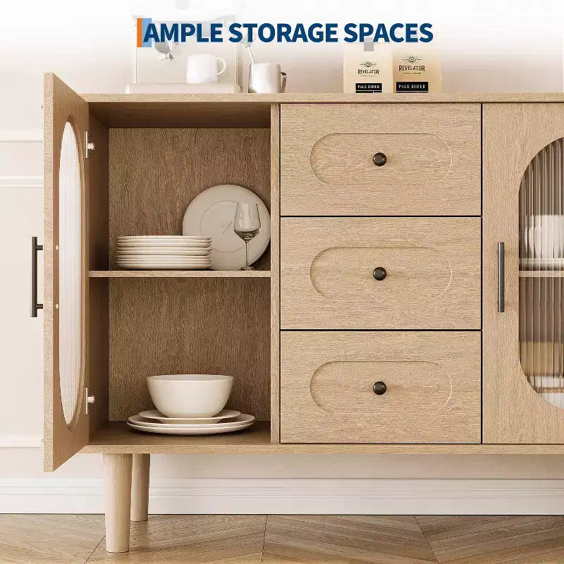 Buffet de cuisine/salle à manger de 119,4 cm avec portes en verre cannelé et 3 tiroirs, crédence de style scandinave avec étagères réglables