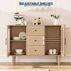 Buffet de cuisine/salle à manger de 119,4 cm avec portes en verre cannelé et 3 tiroirs, crédence de style scandinave avec étagères réglables