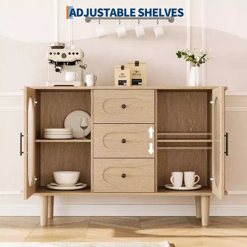 Buffet de cuisine/salle à manger de 119,4 cm avec portes en verre cannelé et 3 tiroirs, crédence de style scandinave avec étagères réglables