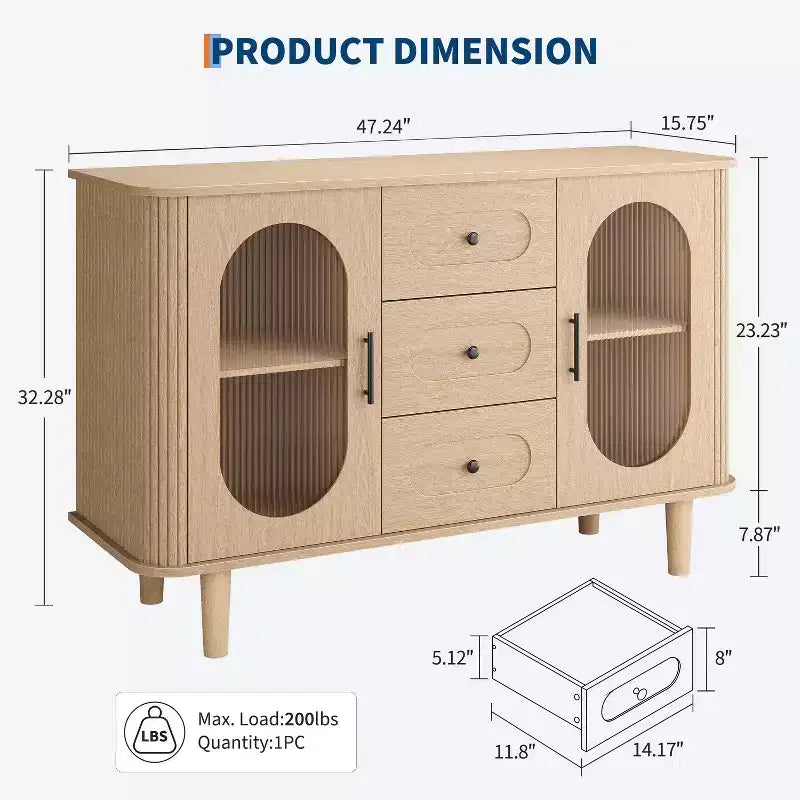Buffet de cuisine/salle à manger de 119,4 cm avec portes en verre cannelé et 3 tiroirs, crédence de style scandinave avec étagères réglables