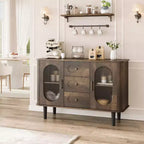 Buffet de cuisine/salle à manger de 119,4 cm avec portes en verre cannelé et 3 tiroirs, crédence de style scandinave avec étagères réglables