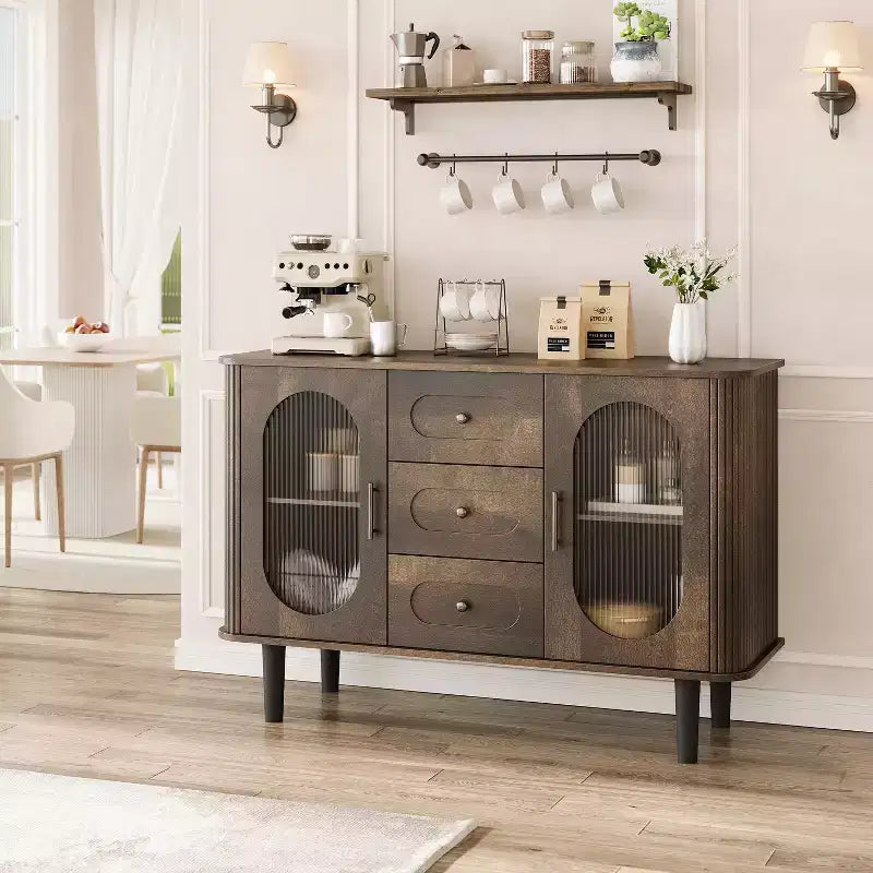 Buffet de cuisine/salle à manger de 119,4 cm avec portes en verre cannelé et 3 tiroirs, crédence de style scandinave avec étagères réglables