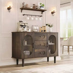 Buffet de cuisine/salle à manger de 119,4 cm avec portes en verre cannelé et 3 tiroirs, crédence de style scandinave avec étagères réglables