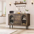 Buffet de cuisine/salle à manger de 119,4 cm avec portes en verre cannelé et 3 tiroirs, crédence de style scandinave avec étagères réglables