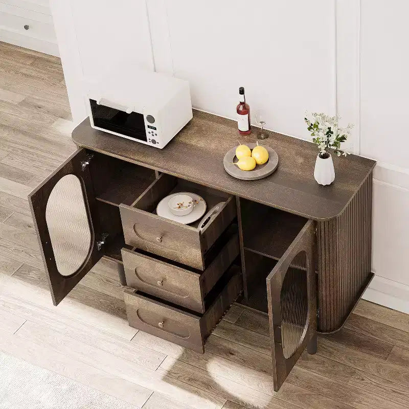 Buffet de cuisine/salle à manger de 119,4 cm avec portes en verre cannelé et 3 tiroirs, crédence de style scandinave avec étagères réglables