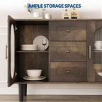 Buffet de cuisine/salle à manger de 119,4 cm avec portes en verre cannelé et 3 tiroirs, crédence de style scandinave avec étagères réglables