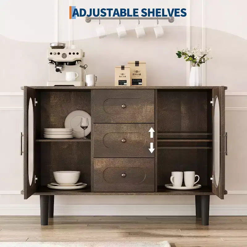 Buffet de cuisine/salle à manger de 119,4 cm avec portes en verre cannelé et 3 tiroirs, crédence de style scandinave avec étagères réglables