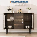 Buffet de cuisine/salle à manger de 119,4 cm avec portes en verre cannelé et 3 tiroirs, crédence de style scandinave avec étagères réglables