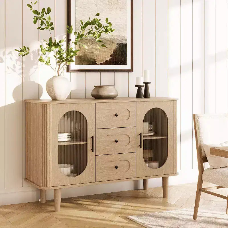 Buffet de cuisine/salle à manger de 119,4 cm avec portes en verre cannelé et 3 tiroirs, crédence de style scandinave avec étagères réglables