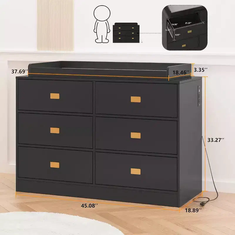 Table à langer pour chambre d'enfant - 6 tiroirs avec plateau imperméable, dispositif anti-basculement et barres de sécurité, MDF non toxique