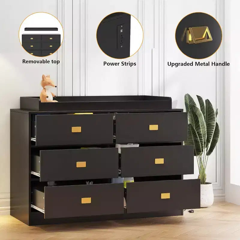 Table à langer pour chambre d'enfant - 6 tiroirs avec plateau imperméable, dispositif anti-basculement et barres de sécurité, MDF non toxique