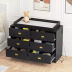 Table à langer pour chambre d'enfant - 6 tiroirs avec plateau imperméable, dispositif anti-basculement et barres de sécurité, MDF non toxique