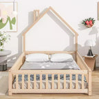 MAYEERTY Full House-shaped Headboard Floor Bed with Fence Beige
