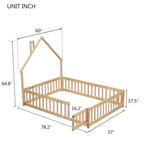 Lit au sol avec tête de lit en forme de maison et clôture beige