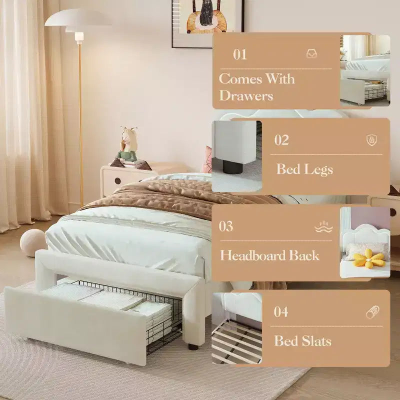 Cadre de lit double rembourré avec LED intelligente et tête de lit d'ours réglable, lit plateforme en velours