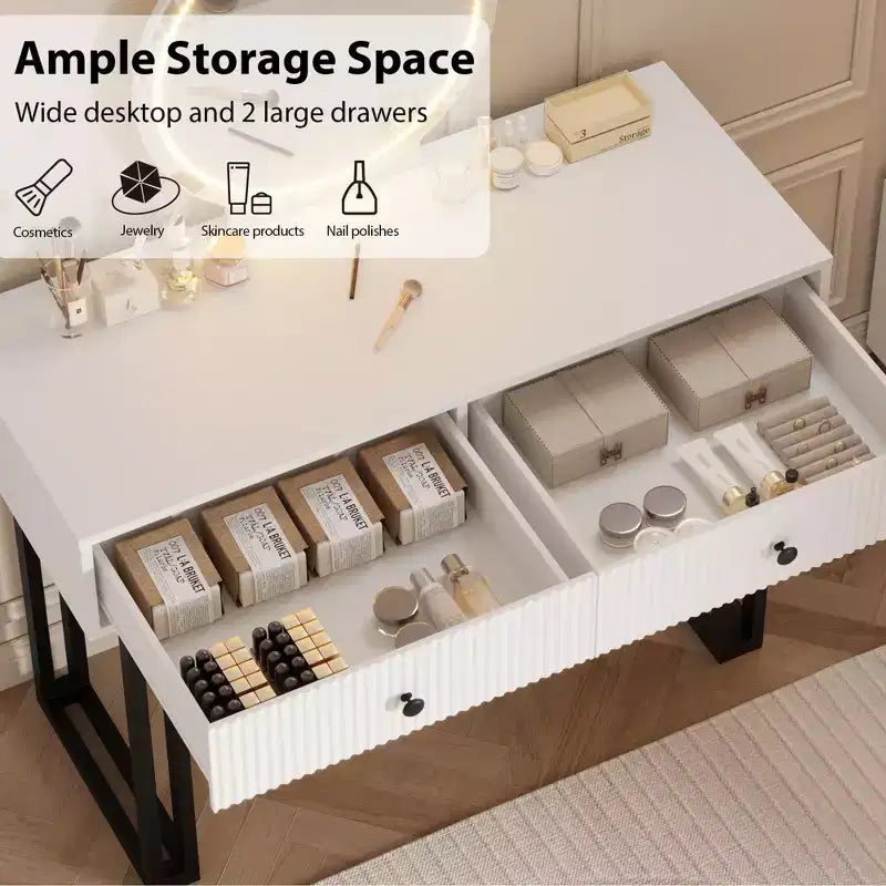 Coiffeuse avec miroir et lumières, coiffeuse de maquillage avec 2 tiroirs, organisateur de coiffeuse moderne avec 3 lumières de couleur