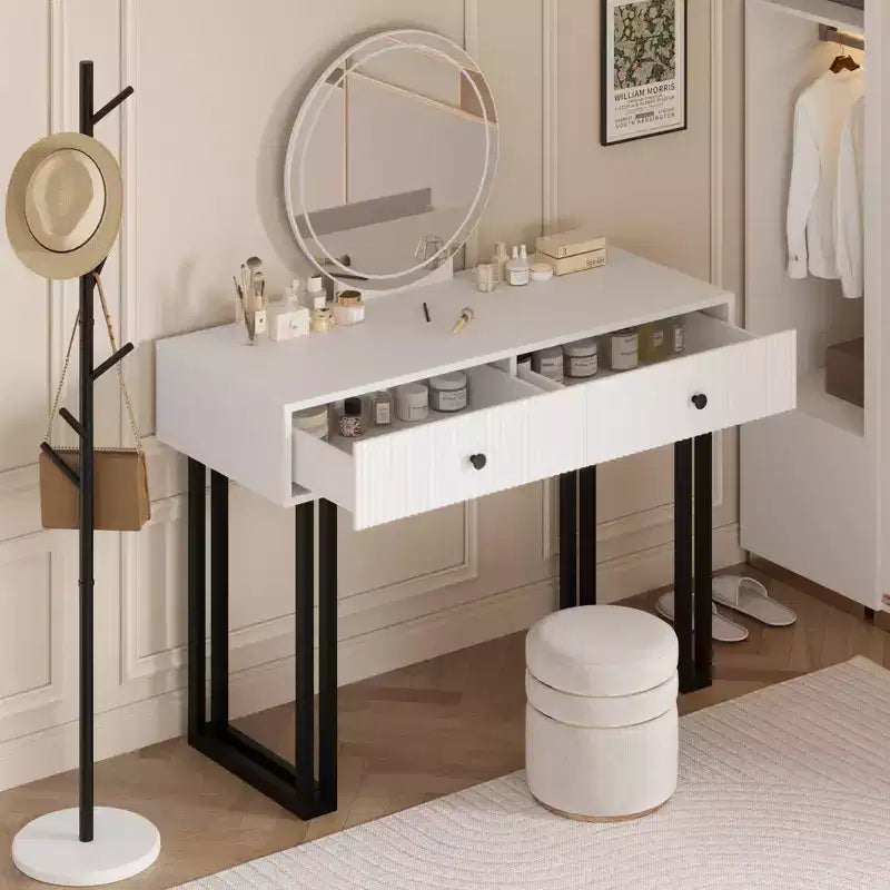 Coiffeuse avec miroir et lumières, coiffeuse de maquillage avec 2 tiroirs, organisateur de coiffeuse moderne avec 3 lumières de couleur