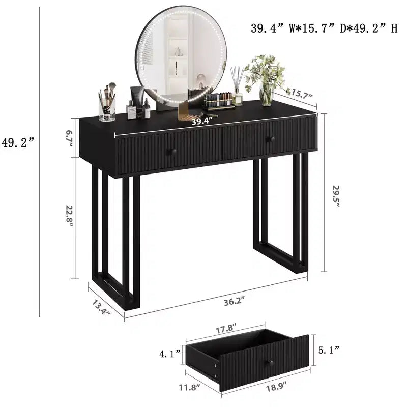 Coiffeuse avec miroir et lumières, coiffeuse de maquillage avec 2 tiroirs, organisateur de coiffeuse moderne avec 3 lumières de couleur