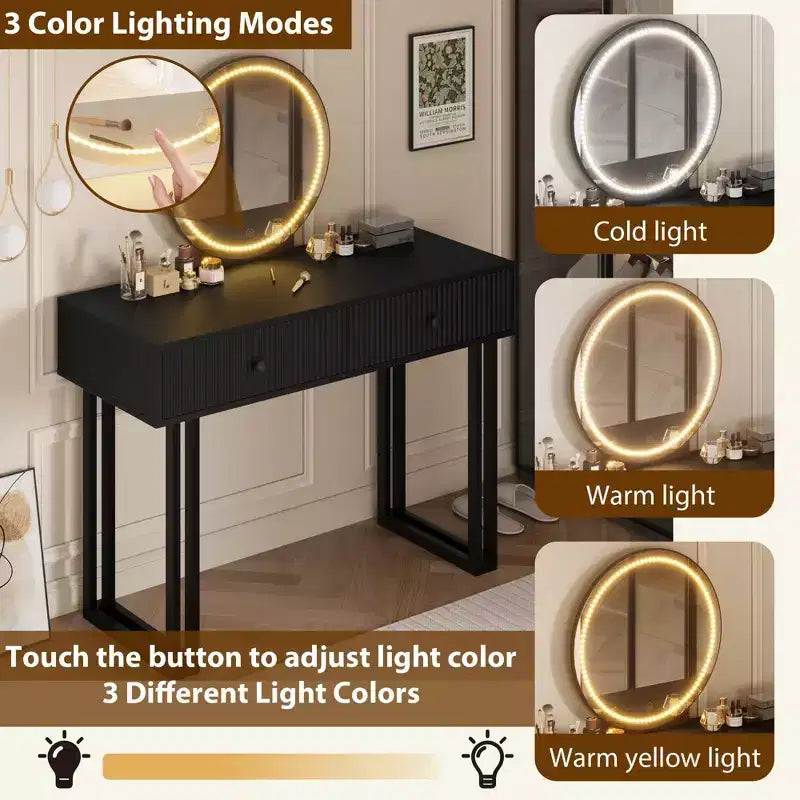 Coiffeuse avec miroir et lumières, coiffeuse de maquillage avec 2 tiroirs, organisateur de coiffeuse moderne avec 3 lumières de couleur
