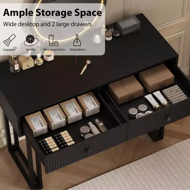 Coiffeuse avec miroir et lumières, coiffeuse de maquillage avec 2 tiroirs, organisateur de coiffeuse moderne avec 3 lumières de couleur