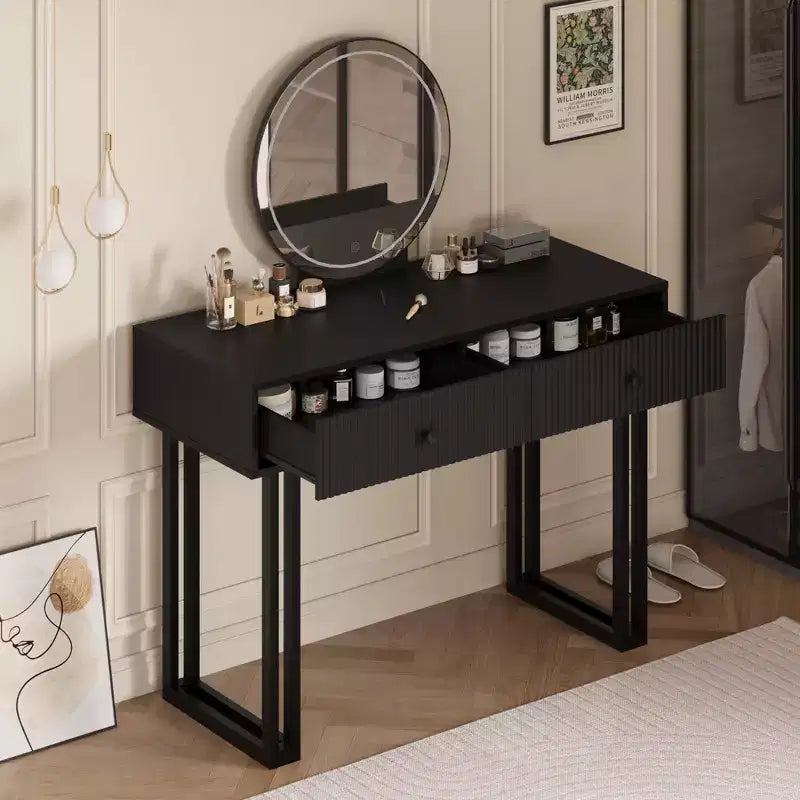 Coiffeuse avec miroir et lumières, coiffeuse de maquillage avec 2 tiroirs, organisateur de coiffeuse moderne avec 3 lumières de couleur