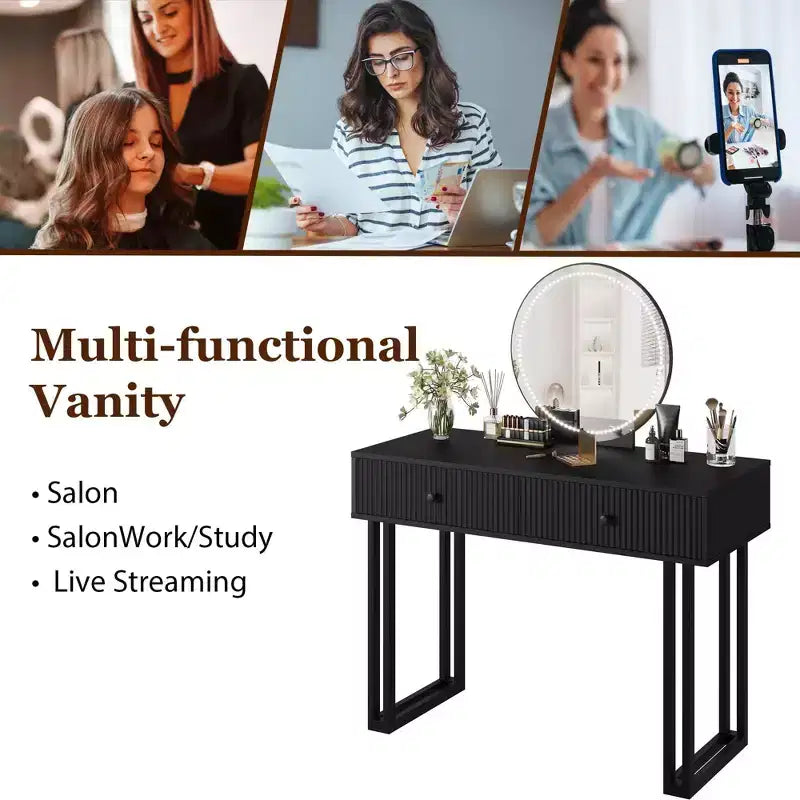 Coiffeuse avec miroir et lumières, coiffeuse de maquillage avec 2 tiroirs, organisateur de coiffeuse moderne avec 3 lumières de couleur