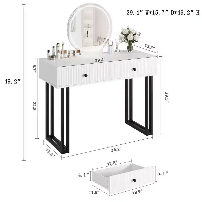 Coiffeuse avec miroir et lumières, coiffeuse de maquillage avec 2 tiroirs, organisateur de coiffeuse moderne avec 3 lumières de couleur