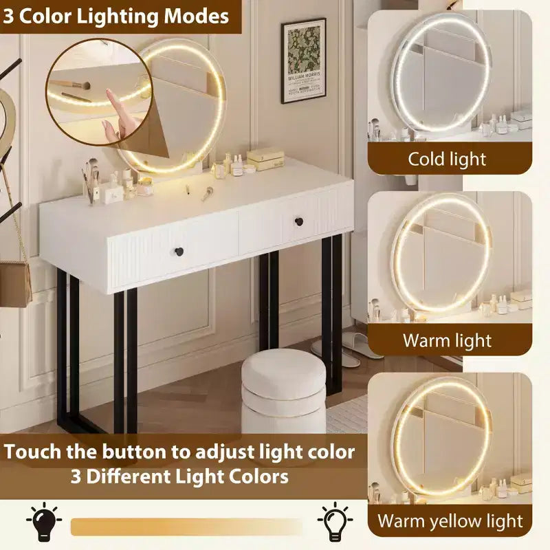 Coiffeuse avec miroir et lumières, coiffeuse de maquillage avec 2 tiroirs, organisateur de coiffeuse moderne avec 3 lumières de couleur
