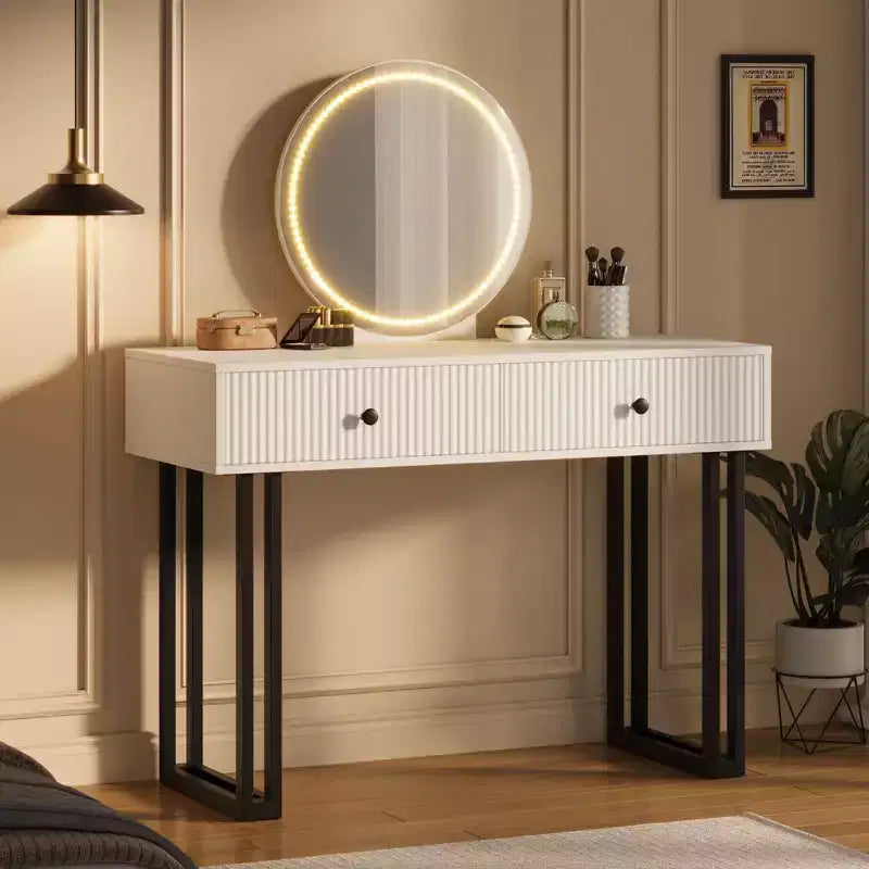 Coiffeuse avec miroir et lumières, coiffeuse de maquillage avec 2 tiroirs, organisateur de coiffeuse moderne avec 3 lumières de couleur