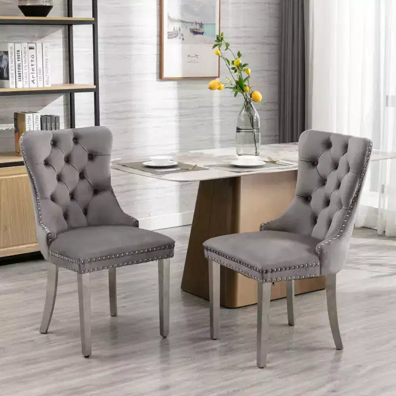 Chaises de salle à manger modernes en velours avec revêtement capitonné haut de gamme, cadre en bois massif et pieds plaqués en acier inoxydable chromé