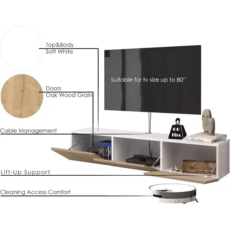Meuble TV mural flottant pour téléviseurs jusqu'à 75 pouces, blanc