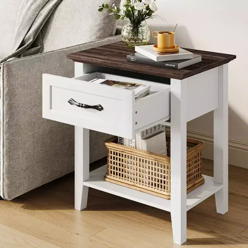 Table de chevet, Table d'appoint polyvalente pour chambre, Table de chevet en bois avec 1 tiroir et étagère de rangement ouverte, Bureau, Canapé, Petits espaces