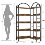 Bibliothèque d'angle en L à cinq niveaux avec étagères de rangement en bois et métal. Meuble de rangement peu encombrant adapté aux salons et aux chambres.