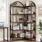 Bibliothèque d'angle en L à cinq niveaux avec étagères de rangement en bois et métal. Meuble de rangement peu encombrant adapté aux salons et aux chambres.