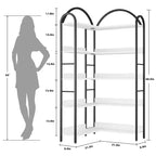 Bibliothèque d'angle en L à cinq niveaux avec étagères de rangement en bois et métal. Meuble de rangement peu encombrant adapté aux salons et aux chambres.