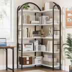 Bibliothèque d'angle en L à cinq niveaux avec étagères de rangement en bois et métal. Meuble de rangement peu encombrant adapté aux salons et aux chambres.