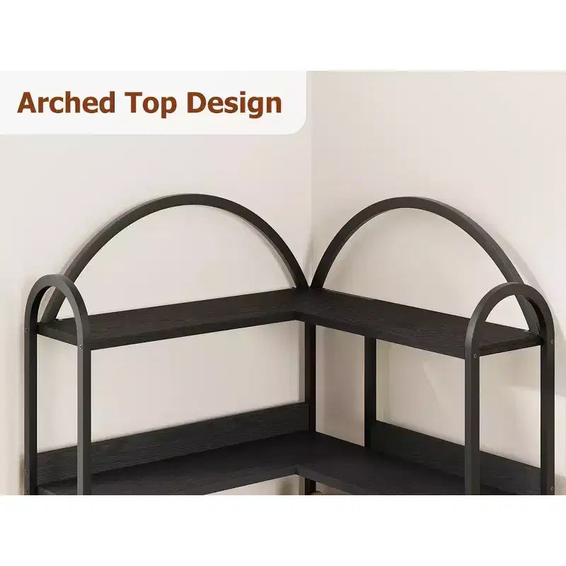 Bibliothèque d'angle en L à cinq niveaux avec étagères de rangement en bois et métal. Meuble de rangement peu encombrant adapté aux salons et aux chambres.