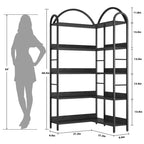 Bibliothèque d'angle en L à cinq niveaux avec étagères de rangement en bois et métal. Meuble de rangement peu encombrant adapté aux salons et aux chambres.